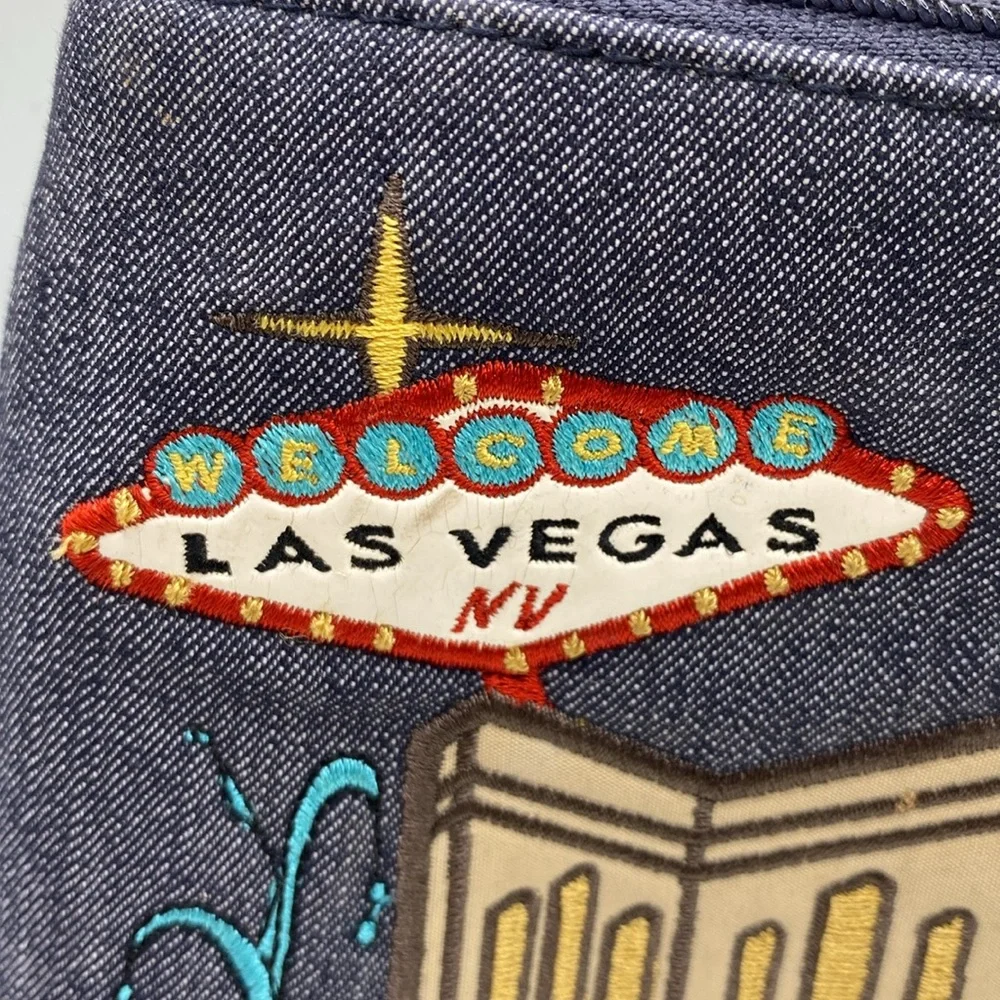 Frankie & Johnnie Vegas Embroidered Denim Makeup Case‎ Clutch Bag